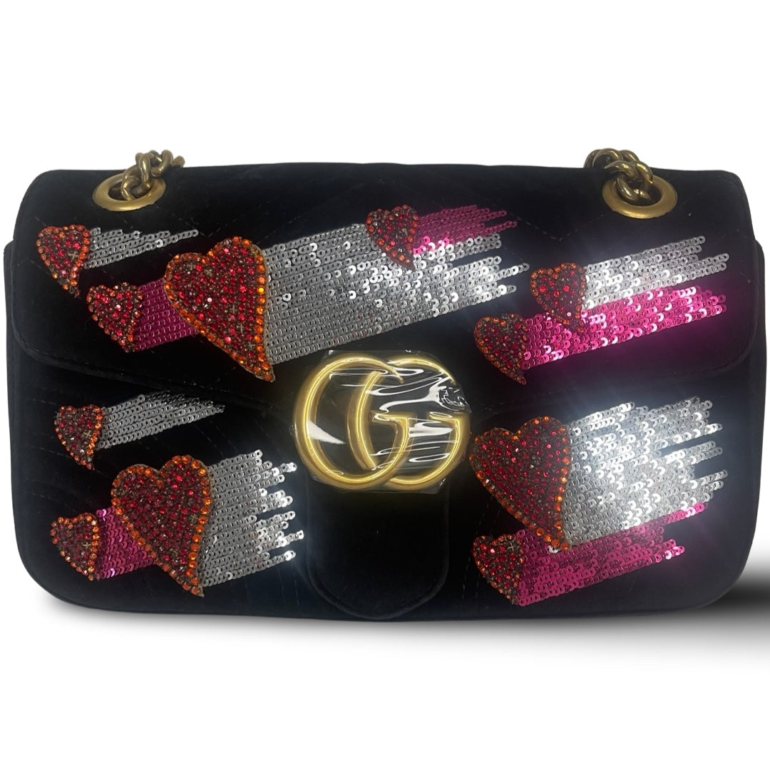 Pre-Owned Gucci Black Velvet GG Embelished Marmont Heart Embelished Crossbody Bag