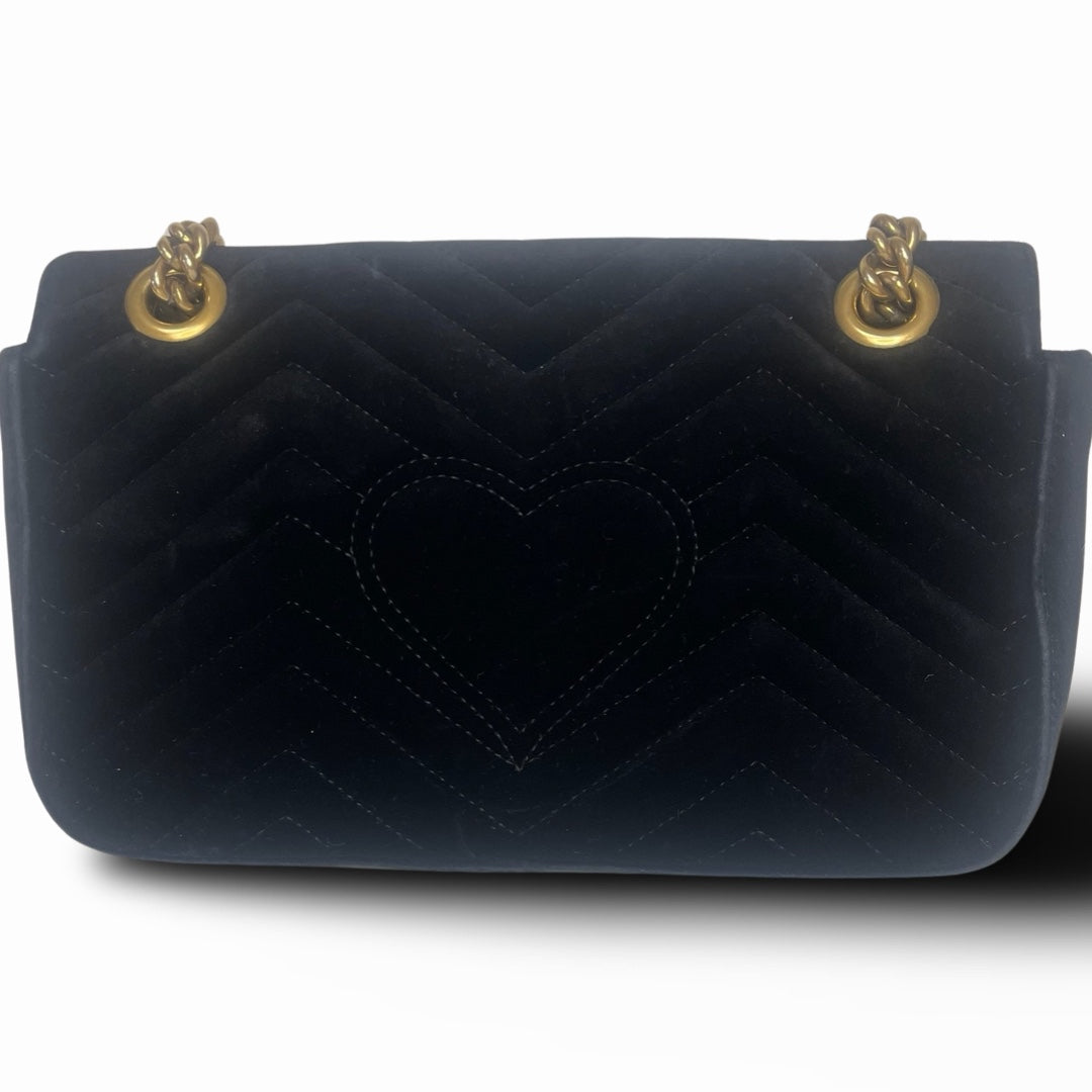 Pre-Owned Gucci Black Velvet GG Embelished Marmont Heart Embelished Crossbody Bag