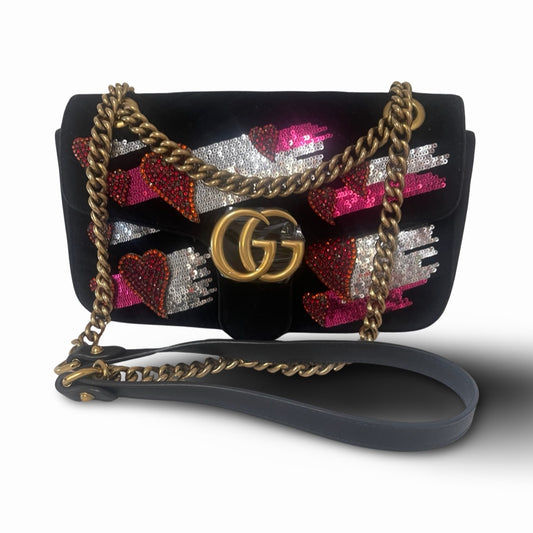 Pre-Owned Gucci Black Velvet GG Embelished Marmont Heart Embelished Crossbody Bag