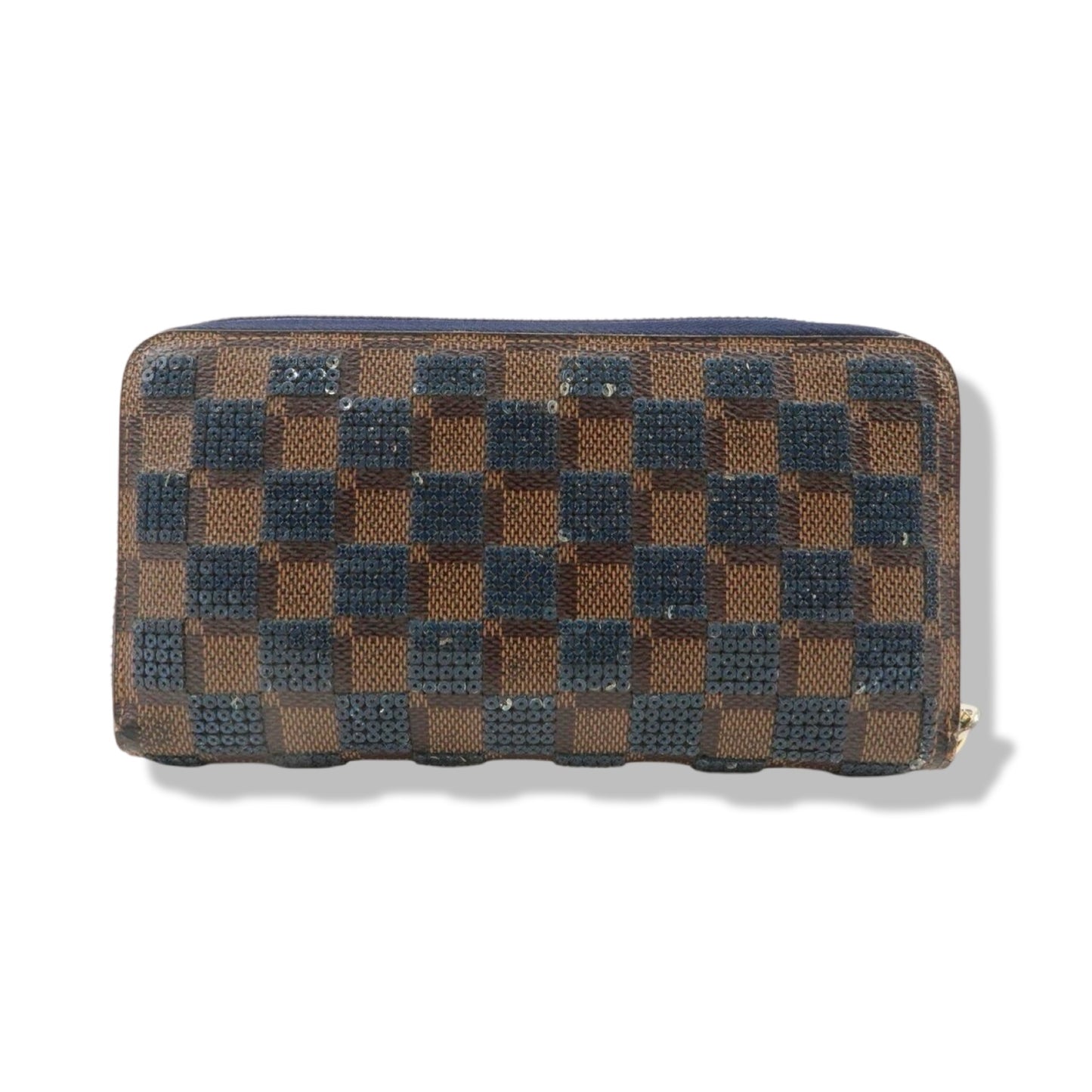 Pre-Owned Louis Vuitton Damier Ebene Paillettes Navy Zippy Wallet Long Wallet