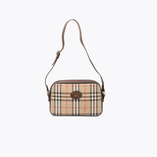 Pre-Owned Burberry Haymarket Check Shoulder Bag with Brown Patent Leather