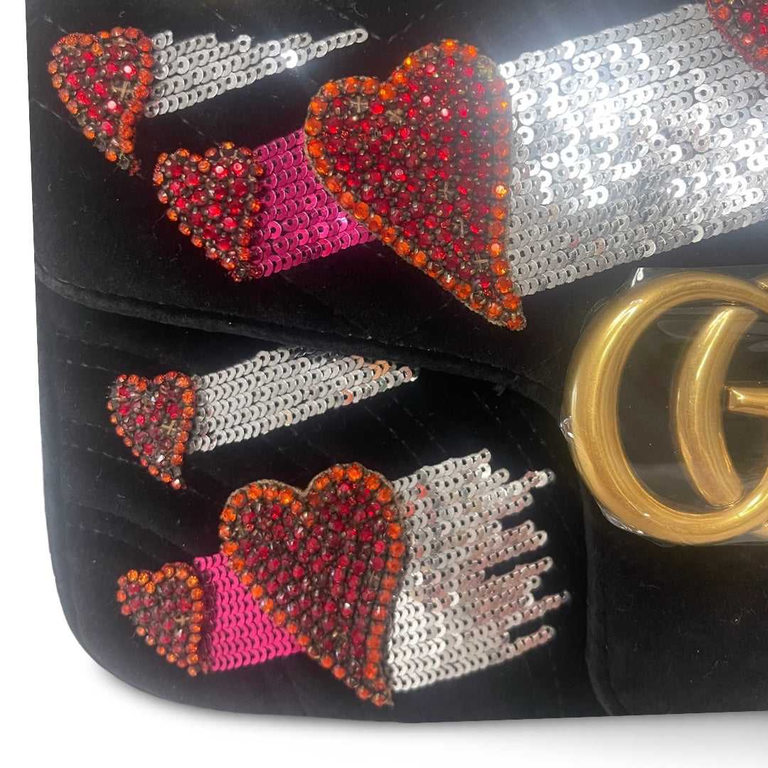 Pre-Owned Gucci Black Velvet GG Embelished Marmont Heart Embelished Crossbody Bag