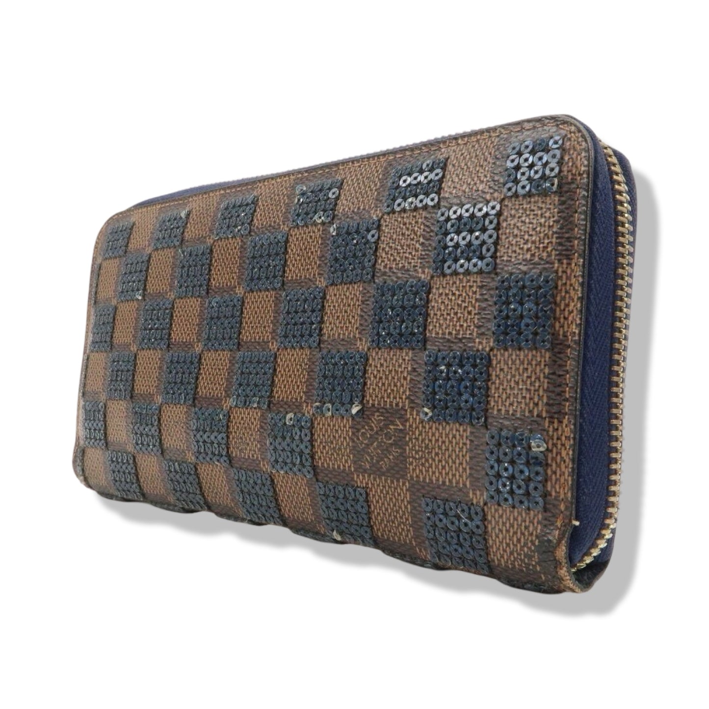 Pre-Owned Louis Vuitton Damier Ebene Paillettes Navy Zippy Wallet Long Wallet