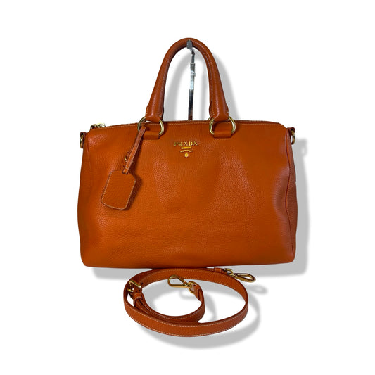 Pre-Owned Prada Orange Leather Boston Bag with Shoulder Strap - P1083