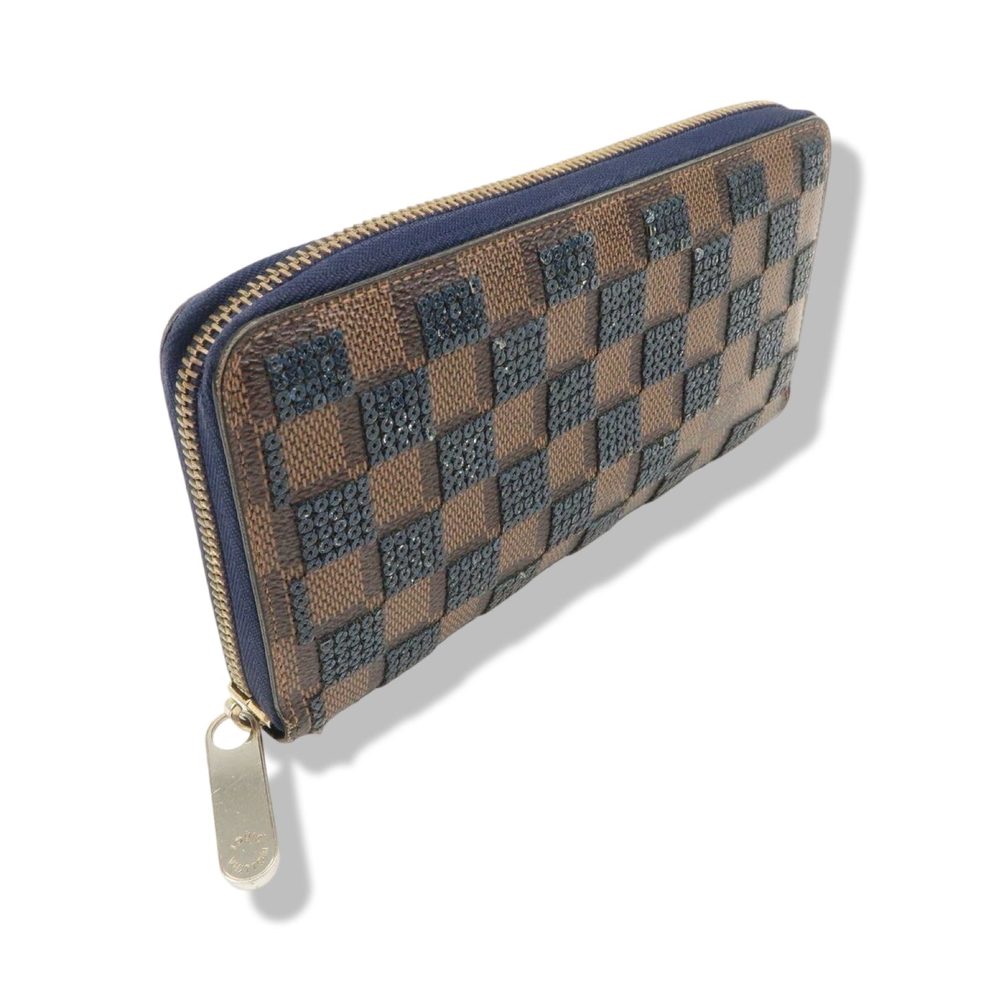 Pre-Owned Louis Vuitton Damier Ebene Paillettes Navy Zippy Wallet Long Wallet