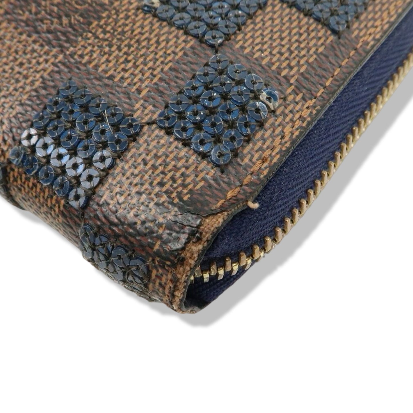 Pre-Owned Louis Vuitton Damier Ebene Paillettes Navy Zippy Wallet Long Wallet